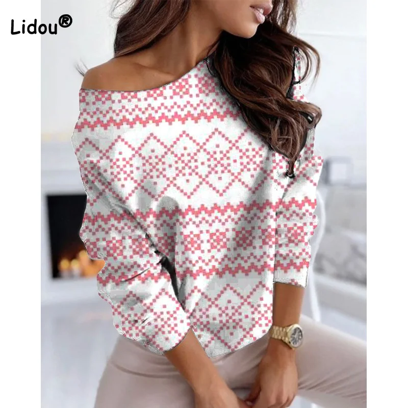 

Spring Autumn Clothes O-neck Vintage Geometric Stripe Printed Long Sleeve Loose Off Shoulder Basic Women Casual Oversized Top