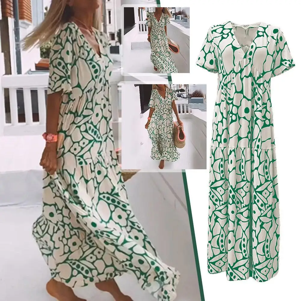 

Casual Ladies Floral Printed Loose Dress Summer V-Neck 2023 Long Dresses Holiday Patchwork Sleeve Beach Short A-line Women B3B1