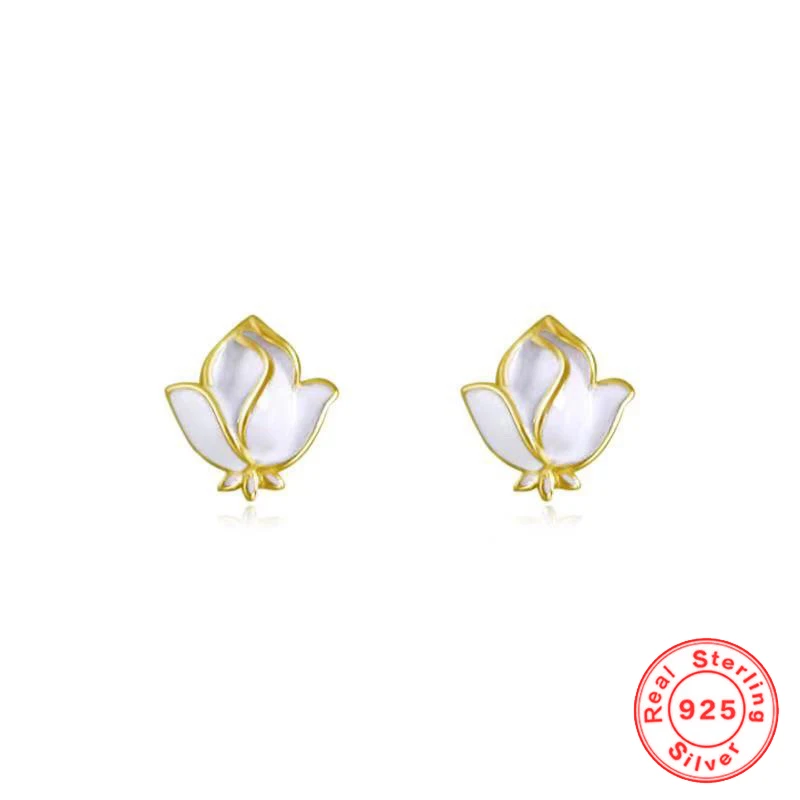 

925 Sterling Silver White Rose Flower Stud Earrings French Style 14k Gold Plated White Enamel Earings Fashion Jewelry New 2022
