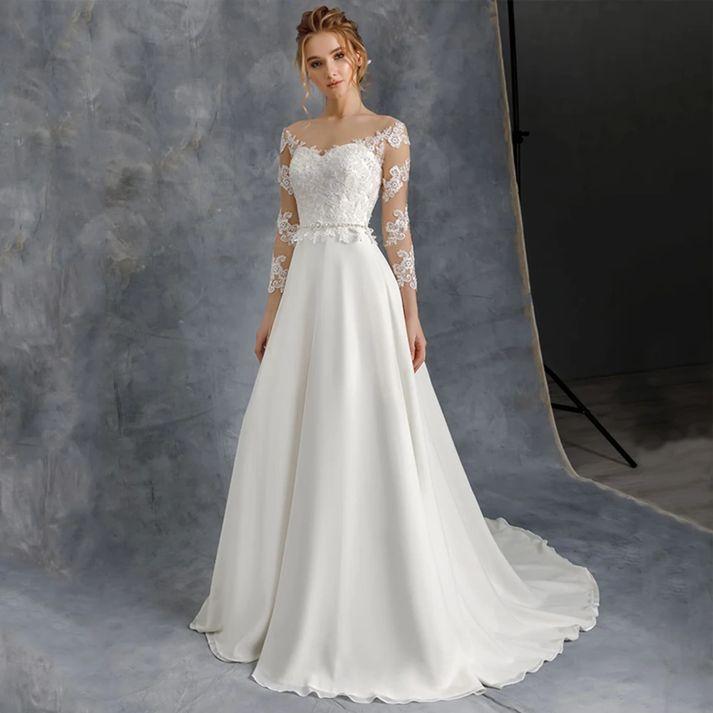 

Classic Wedding Dress O-Neck Full Sleeves Zipper Illusion Back Applique Bride Gowns Chiffon Sweep Train A-Line Vestido De Noiva