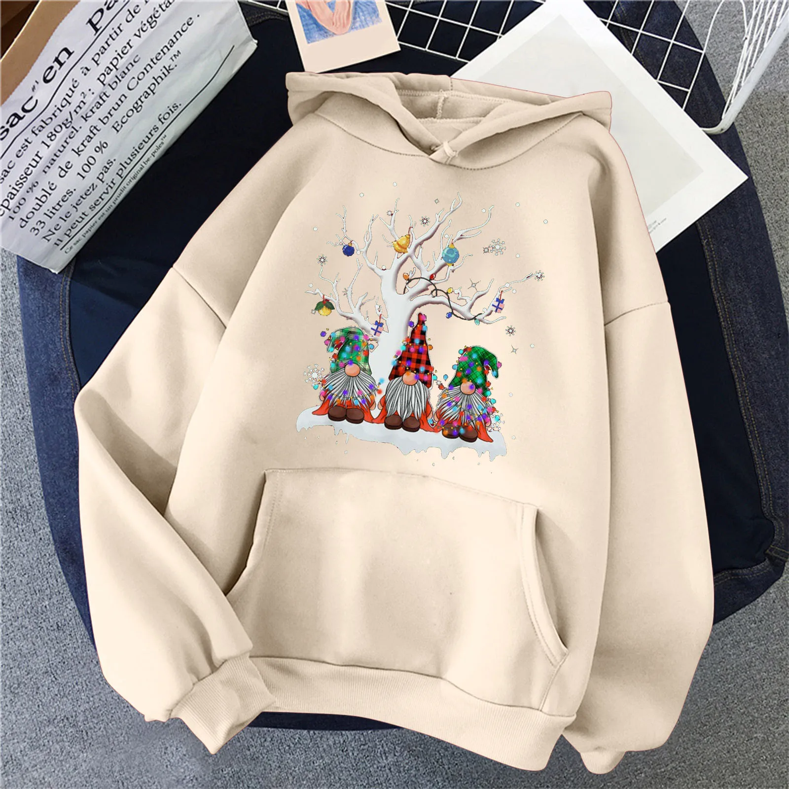 

Ladies Pocket O-Neck Christmas Print Hoodie Long Sleeve Pullover Sweatshirt Top Hooded Cardigan Women Sweatshirt Top