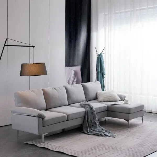 

290*137*85cm L-Shaped Fabric With Chaise Iron Feet 4 Seats Indoor Modular Sofa
