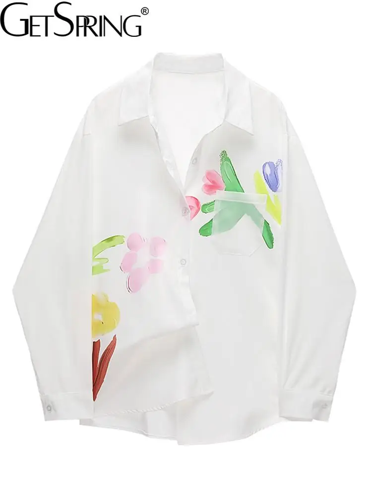 

GetSpring Women Blouse Flower Printed Full Sleeve Ladies Shirt Fashion All Match Loose Leisure Female Tops Spring Summer 2022