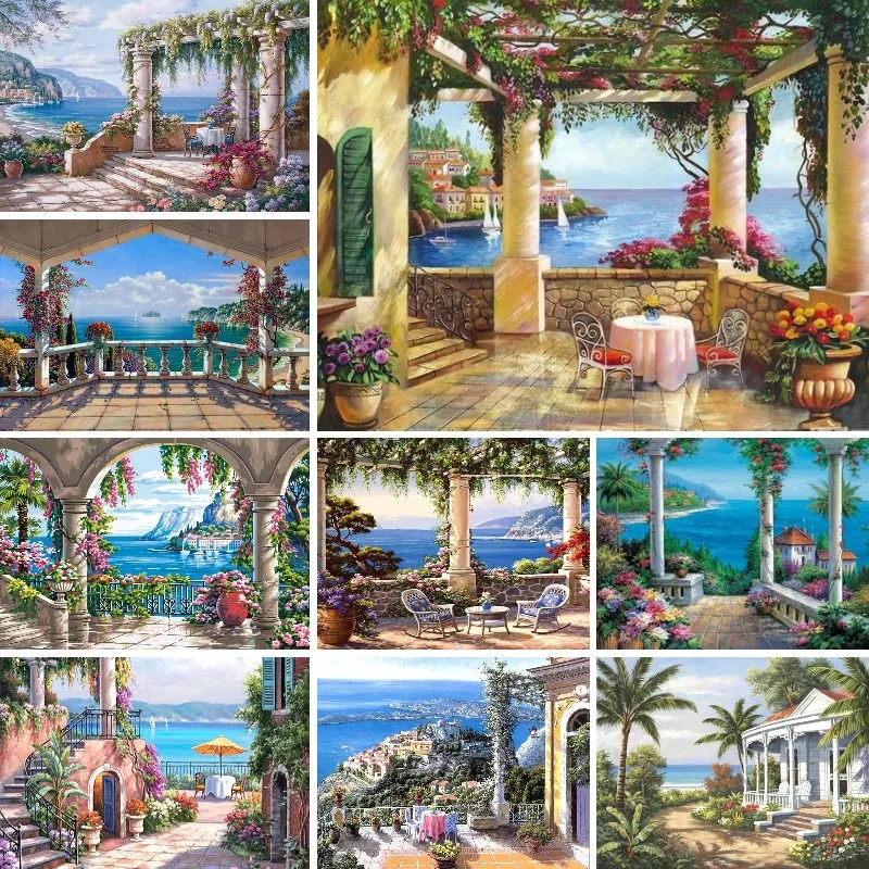 

Coastal Villa Terrace Balcony Scenic 5d Rhinestone Art,Full Square Diy Diamond Painting Mosaic Cross Stitch Diamond Embroidery