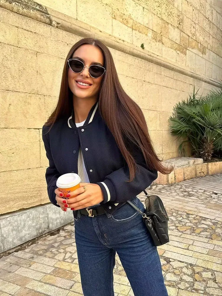 

Women New Fashion With pockets Cropped Baseball uniform Jacket Coat Vintage Long Sleeve Button-up Female Outerwear Chic Tops