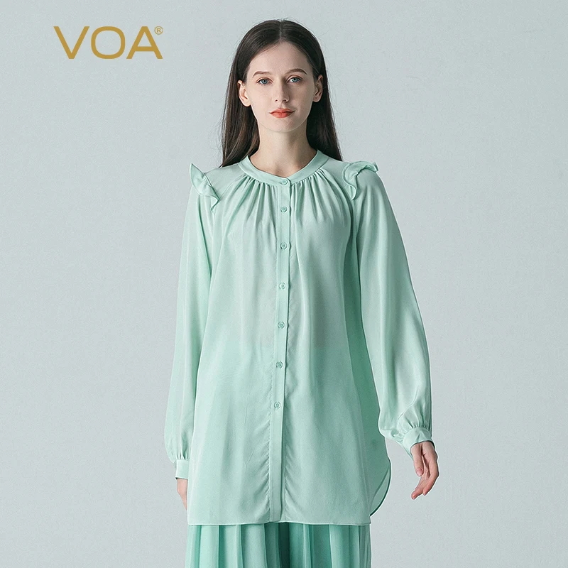VOA Silk Crepe De Chine Emerald Green Half High Collar Long Sleeve Tops Ruffles Single Breasted Good Quality Shirt Spring BE1298