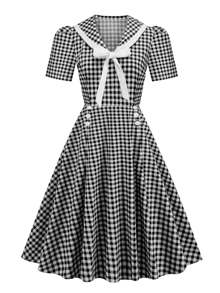 

Женское винтажное платье в клетку, Хлопковое платье в мелкую клетку, на пуговицах, с воротником-шалью и бантом спереди, элегантное платье в стиле рокабилли, Y2K, 2023