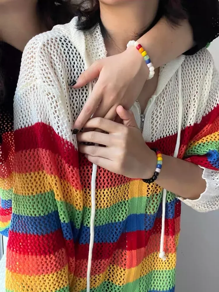 Harajuku Y2k вязаные кардиганы женские прозрачные негабаритные полосатые крючком