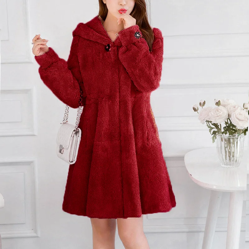 Faux Fur Coat Women Black 10 Colors Hooded Rabbit Fur Jacket 2023 Autumn Winter Christmas Red Parka Thick Jacket Warmth Clothing