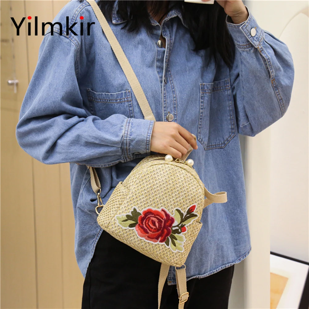 Модный женский соломенный рюкзак с принтом розы повседневный вместительный