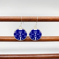 FoLisaUnique 18mm Blue Porcelain Ceramic Earring For Women S925 Sterling Silver Dangle Earring Chinese Blessing Double Happiness