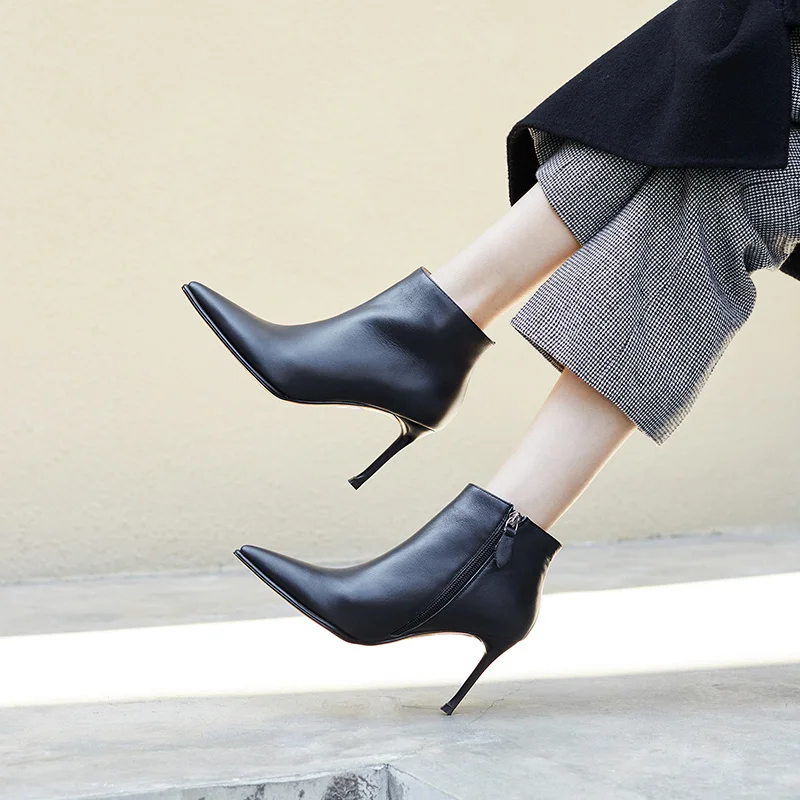 

Ankle Zipper Sexy Women Shoe On s Woman Boots Classics Style Thin High Stiletto Heel Cow Leather Pointed Toe