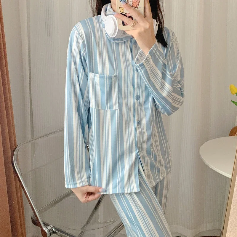 QWEEK Women Loungewear Two Piece Set Summer Autumn Pajamas Blue and White Stripes Pijamas Simple Style Cute Pyjamas Sleepwear