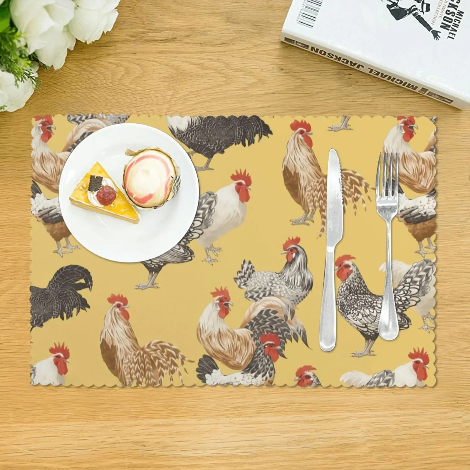 

4pcs Washable Rooster Placemats Coffee Mats Home Kitchen Dining Table Place Mats Bowl Coaster Non-slip Pad Home Decor farmhouse