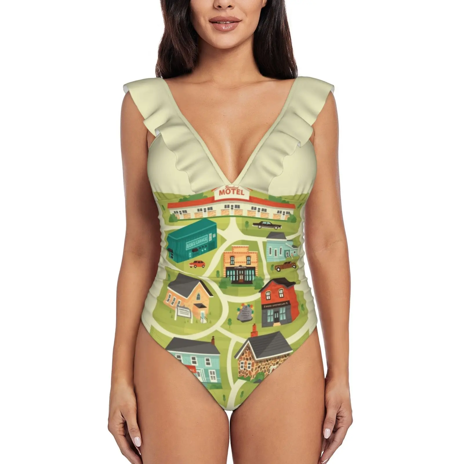 

Town Map Monokini New Ruffle One Piece Swimsuit Female Sexy Swimwear Women Print Bathing Suit Motel Town Map Bobs Garage Cafe