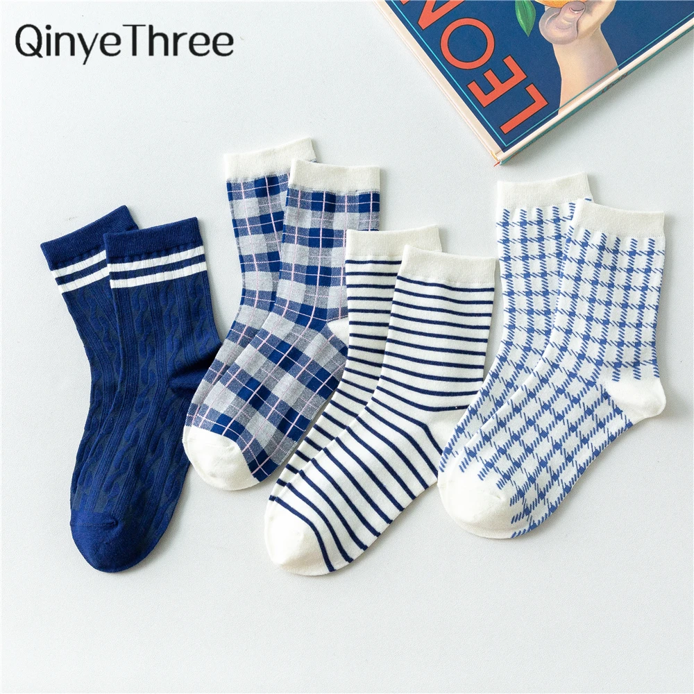 

England style autumn spring navy cotton socks vintage striped plaid prairie lattice chic preppy style tube socks dropship