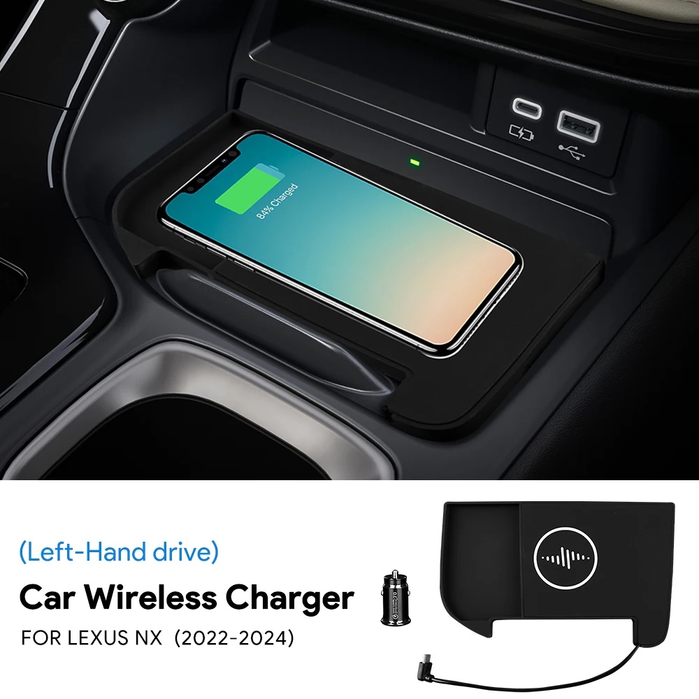 

Для Lexus NX 2022-2026 350H NX350H LHD: Беспроводное зарядное устройство 15 Вт для мобильных телефонов, быстрая зарядка, держатель, ПВХ-панель