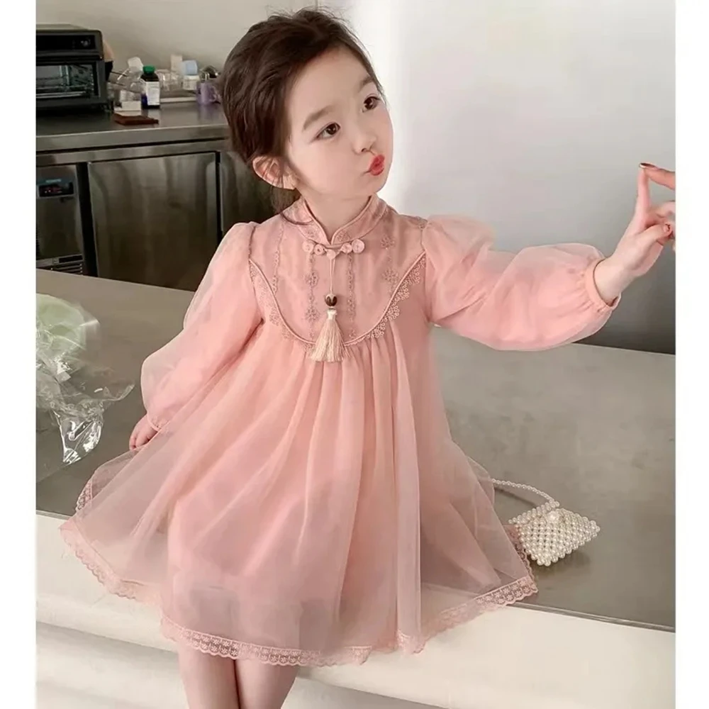 

Chinese Style Hanfu Toddler Baby Girl Mesh Princess Dress Kids Cute Long Sleeve Dresses for Girls Little Kids Outfits fits 2-10