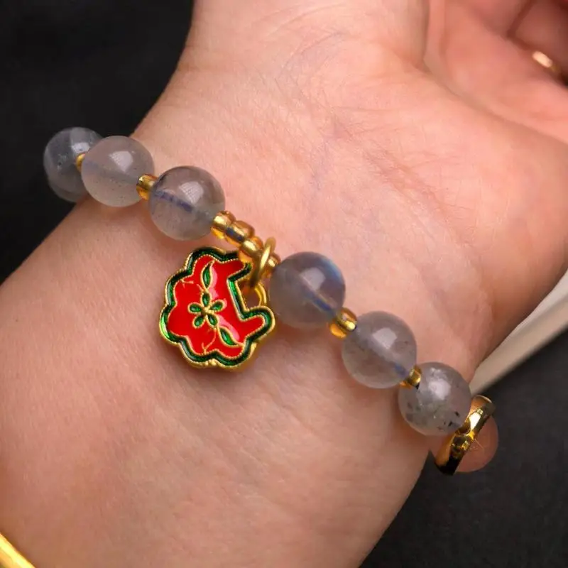 Женский браслет из натурального лунного камня эластичный с круглыми бусинами 9