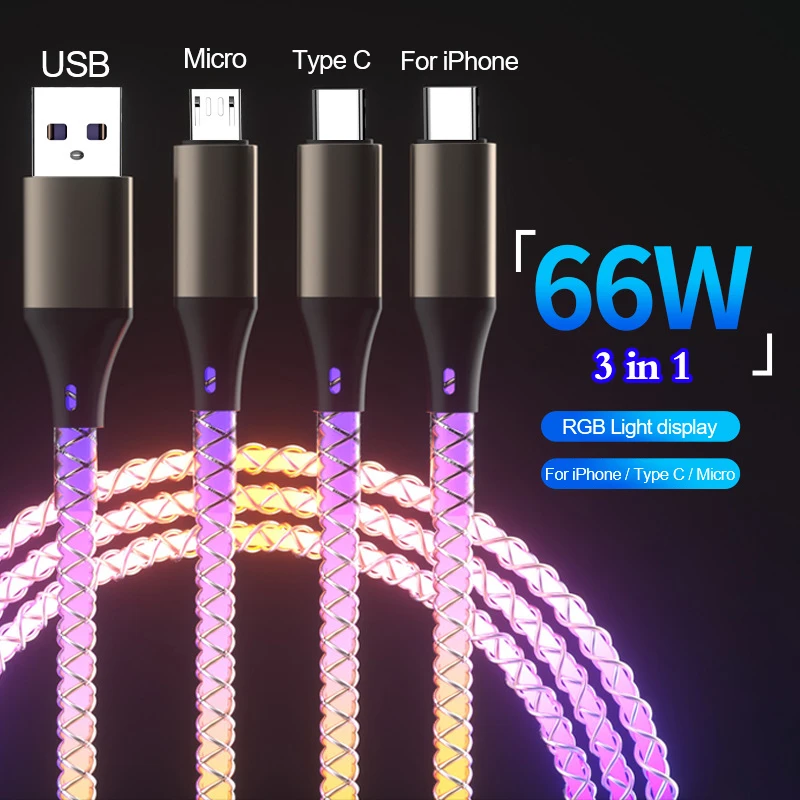 

3 in 1 charger cable 66W 6A RGB Glowing Type C Cable LED Light USB Fast Charging Cord For iPhone 14 Samsung Xiaomi Charger Wire