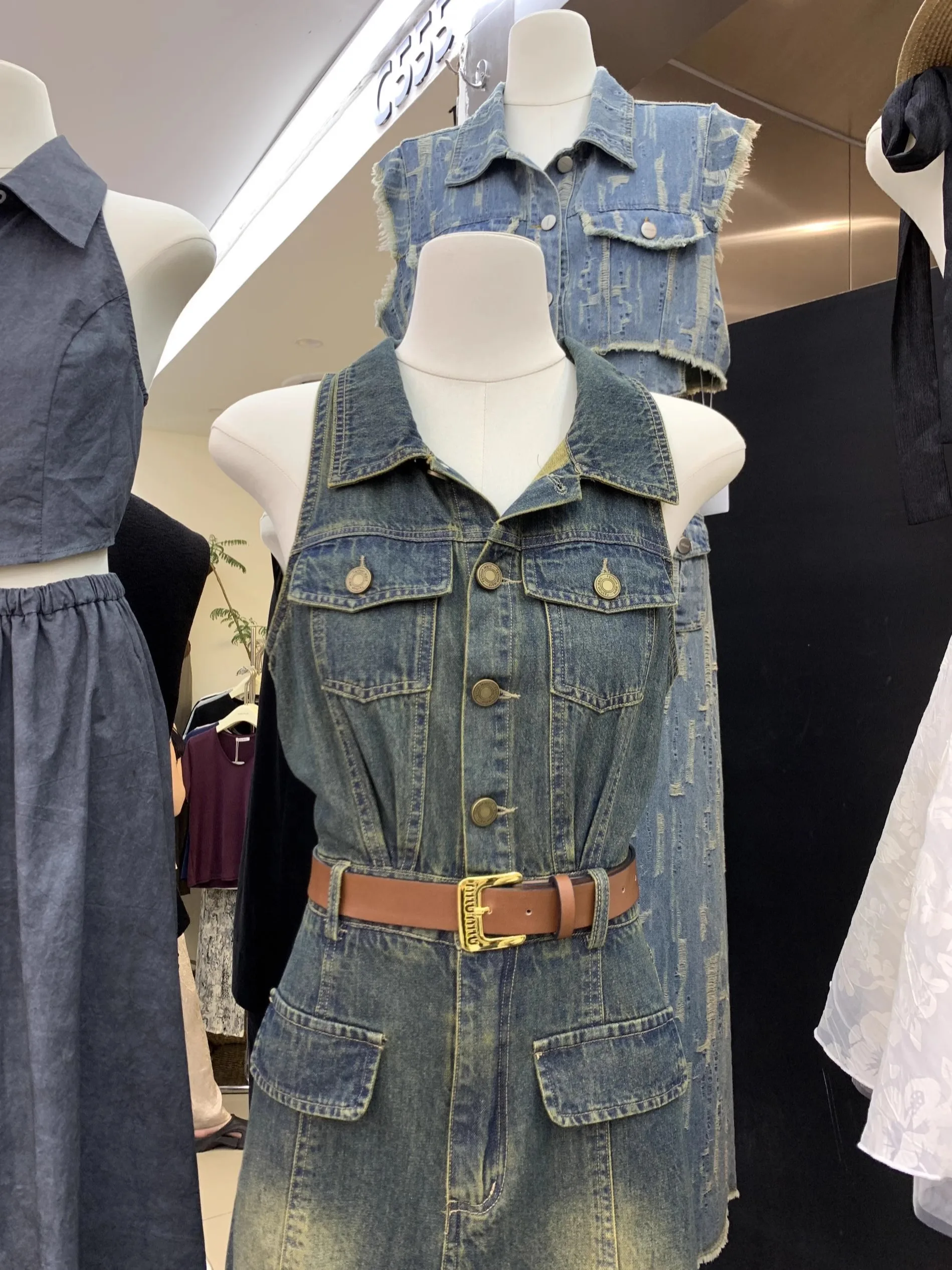3 Lines 2024 Summer New Retro American Gyaru Slim fit Slimming Denim Sheath Cargo Dress Women Fashion