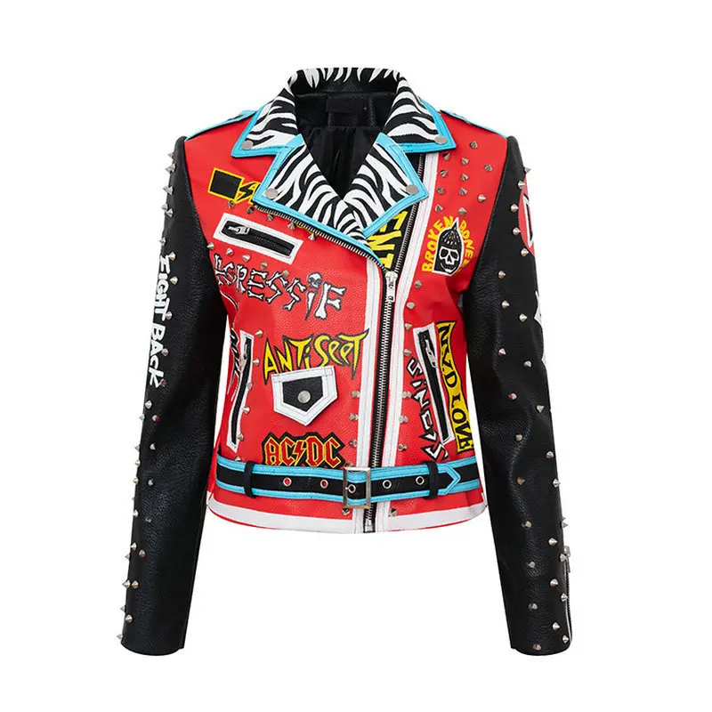 Ladies Spring and Autumn New Hot Selling Street Hip Hop Rock Skull Graffiti Print Colorblock Rivet Leather Jacket Foreign Trade