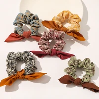 french style plaid pattern scrunchies retro girls hair rope rabbit ear bow knot knotted elastic hair band ponytail accessories