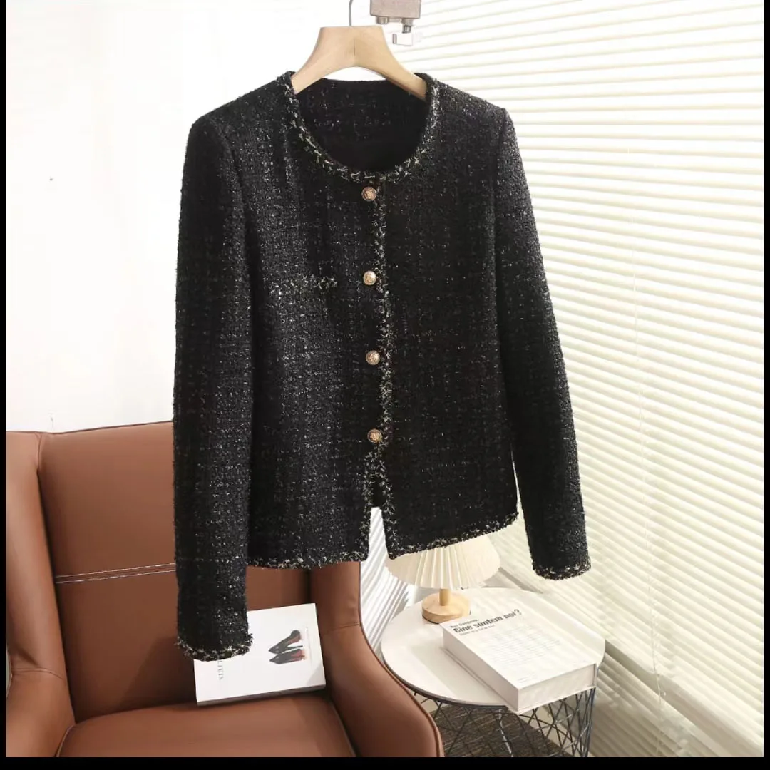 Женское твидовое пальто, короткая однобортная приталенная клетчатая куртка с круглым вырезом, модная верхняя одежда, 2023