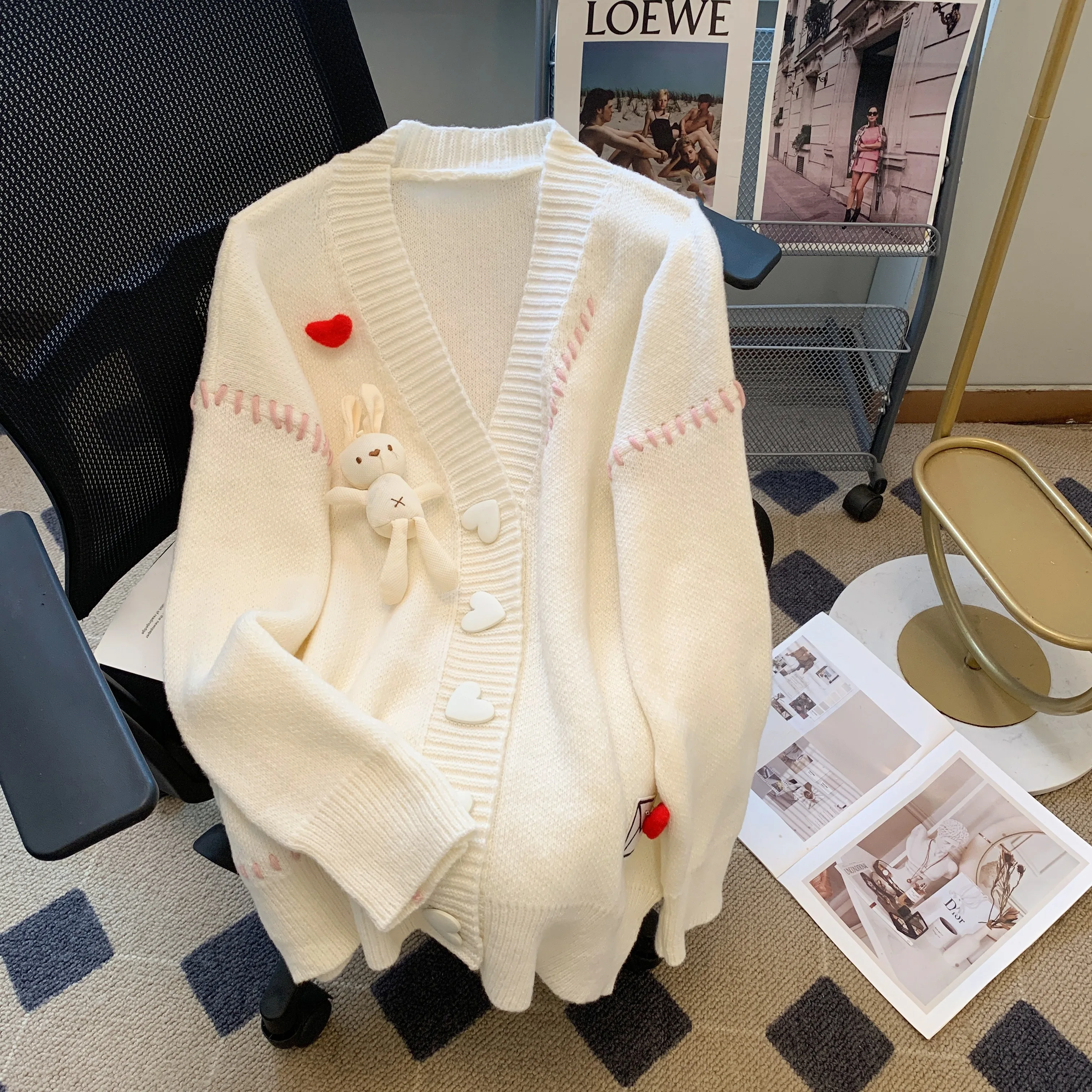 

Love Heart Rabbit Sweater Cardigan Women Elegant Fashion Chic Knitwear 2023 Autumn Winter Long Sleeve V-neck Tops Ladies Jumpers