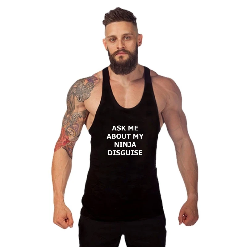 

ASK ME ABOUT MY NINJA DISGUISE Funny gym Gym t-shirt man men Summer sleeveless O Neck Streetwear Casual Harajuku Cotton tank tan