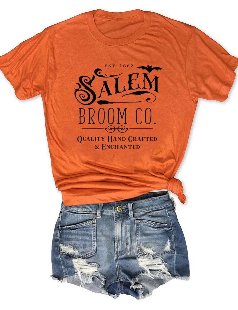

Teeteety Womens High Quality 100% Cotton Salem Broom Co. Halloween Print O-neck T-shirt