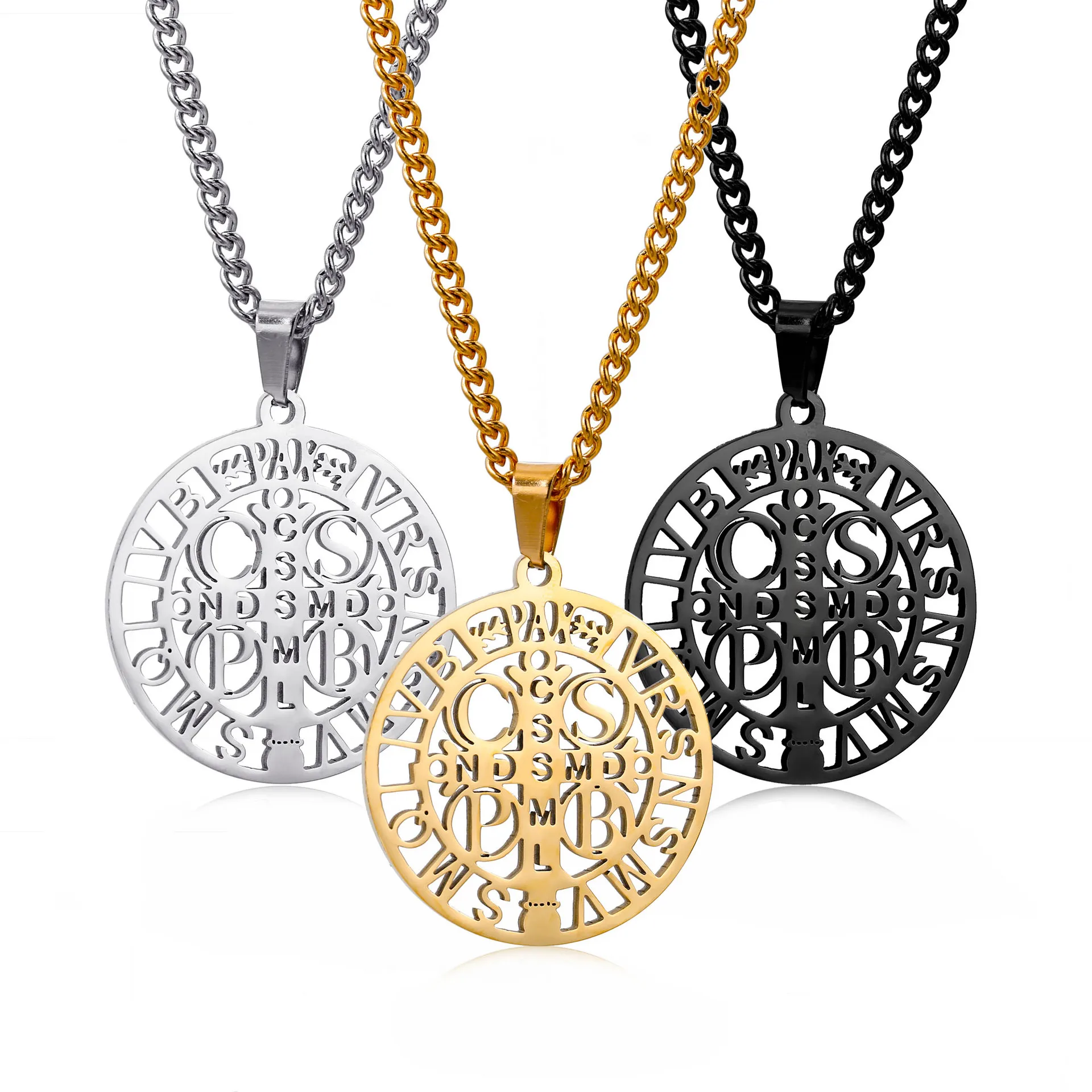 

New fashion stainless steel circular hollowed out exorcist cross necklace titanium steel exorcist Benedict Saint brand collarbon