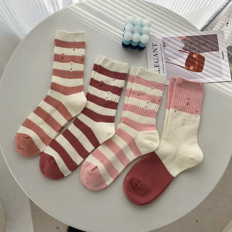 

Socks women's spring and summer pink ripped socks striped contrast color Japanese trend casual cotton tube socks