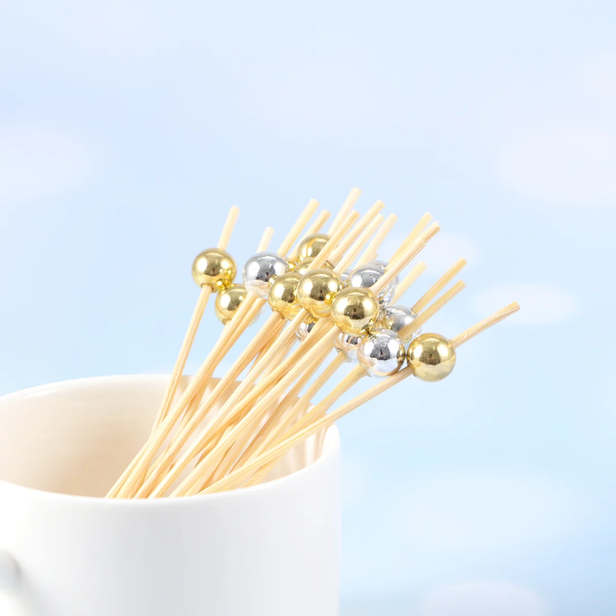 

200 Pcs 12cm Cocktail Picks Creative Round Beads Appetizer Picks Fruit Toothpicks Party Supplies (100pcs Golden +