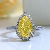 Engagement Ring 925 Sterling Silver High Carbon Drop-shaped Yellow Created Diamond 7x11mm Pear Brilliant Cut Rings