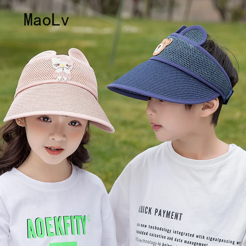 

Sun Hat for Children Summer Beach UV Anti Empty Top Cap Kids Outdoor Velcro Adjust Sun Protect Straw Hat Boy Girl Raffia Sun Cap
