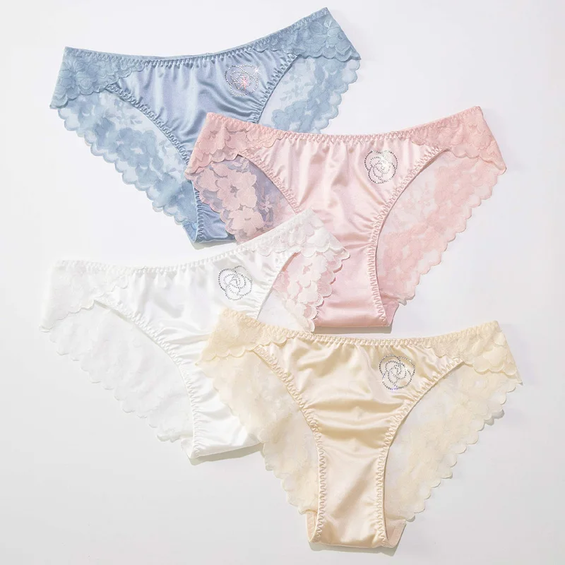 Женские атласные шелковые трусики во французском стиле брифы с рисунком нижнее
