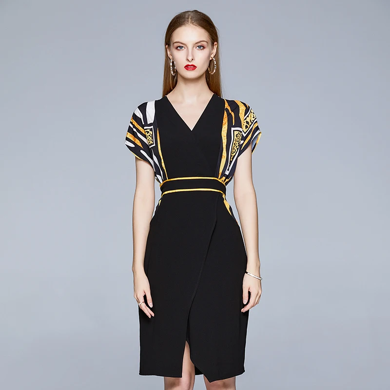 

Women's Dress Fashion Short Sleeve V-neck Printing Summer New Korean Thin Female Clothing