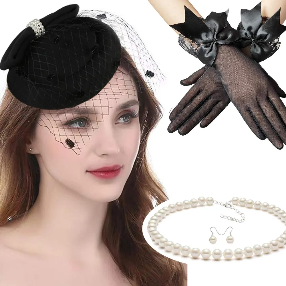 

Женский комплект из вуалетки и перчаток, винтажная шляпа из сетчатой ткани, перчатки с вуалью и жемчугом, ручная работа, аксессуары для косплея, 1920