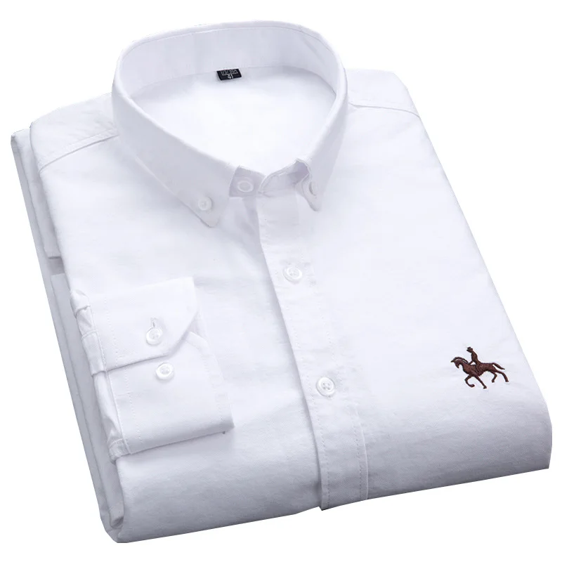 Casual 100% Cotton White Mens Oxford Shirt Long Sleeve Plaid Striped Slim Fit Social Male Clothes