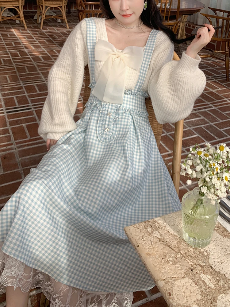 

Blue Plaid Kawaii Sweet Dress Women France Vintage Elegant Evening Party Midi Dress Korea Chic Fairy Suspender Dress Autumn 2022