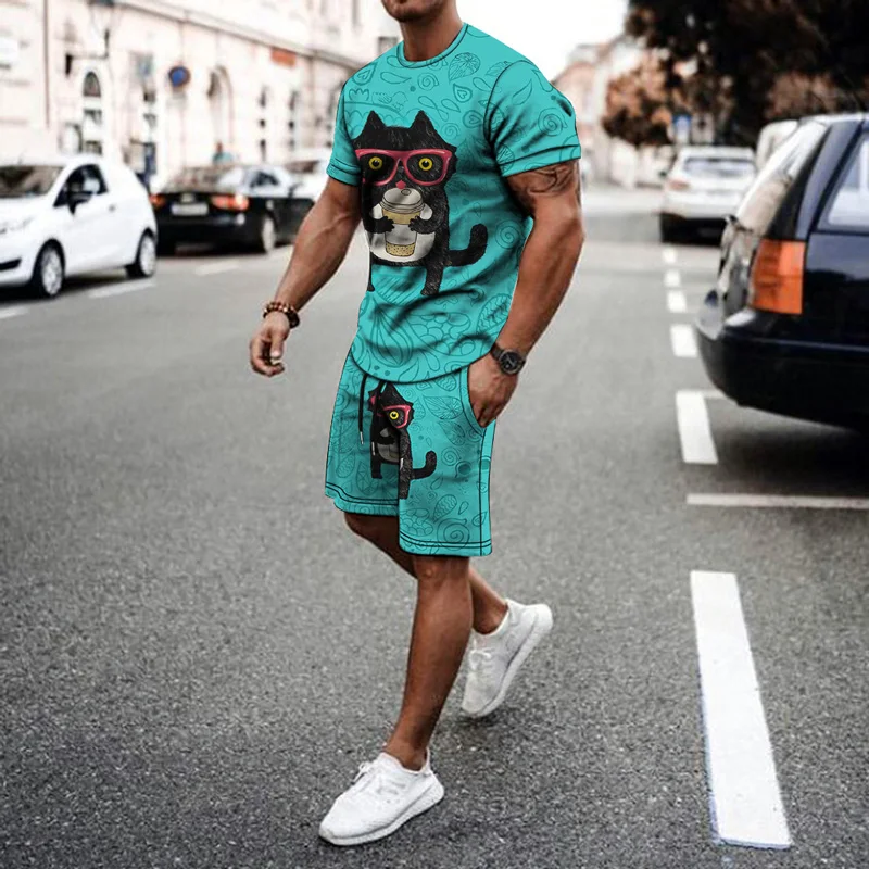 2023 Summer 2 Piece Tracksuit Men's Oversized Clothing Street Clothing Vintage Cute Animal 3D Printed Men's Suit T-shirt Shorts