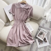 spring summer single breasted polo a line dress woman pink casual knee length elegant dresses for women 2022 new