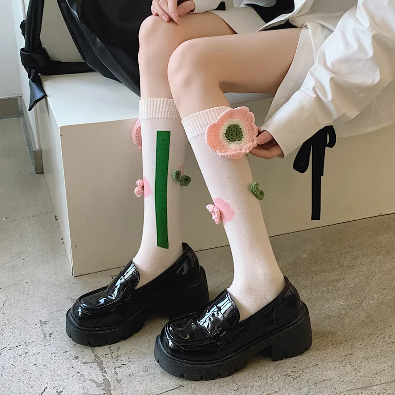 JK Calf Socks Three-dimensional Hook Flower Tulip  Trend Knee Calf High Socks Beautiful Leg Cotton Socks