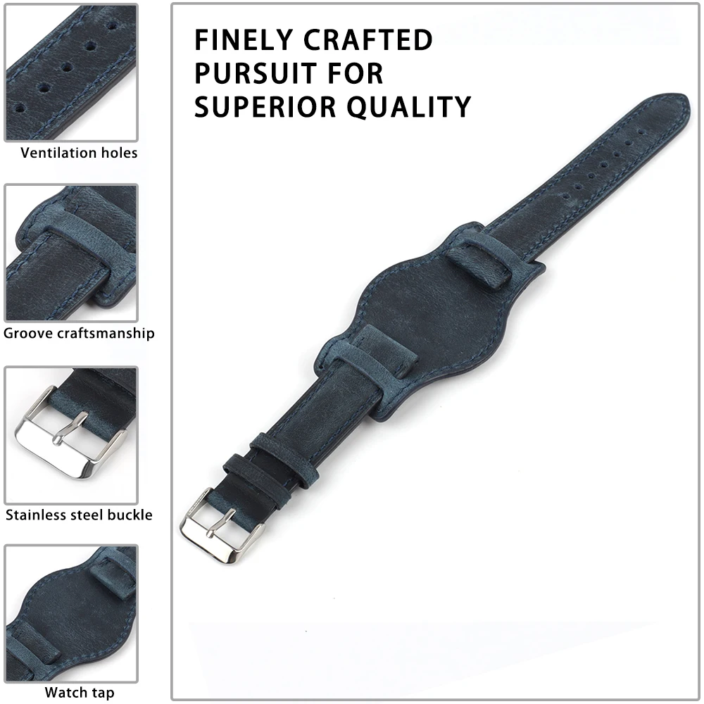 Crazy Horse Leather Bund Strap 16mm 18mm 19mm 20mm 21mm 22mm Leather Cuff Watch Strap Men's Wrist Watch Band Accessories