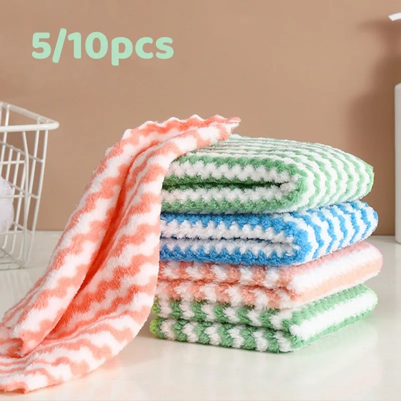 

5/10Pcs Kitchen Cleaning Rag Coral Fleece Dish Washing Cloth Super Absorbent Scouring Pad Dry Wet Kitchen Cleaning Towels