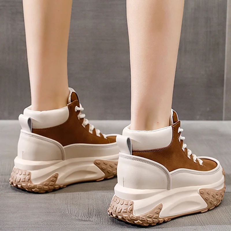 2023 New 7cm Genuine Leather High Brand Mixed Color Flats Ankle Boots Platform Wedge Women Booties Autumn  Plush Winter Shoes