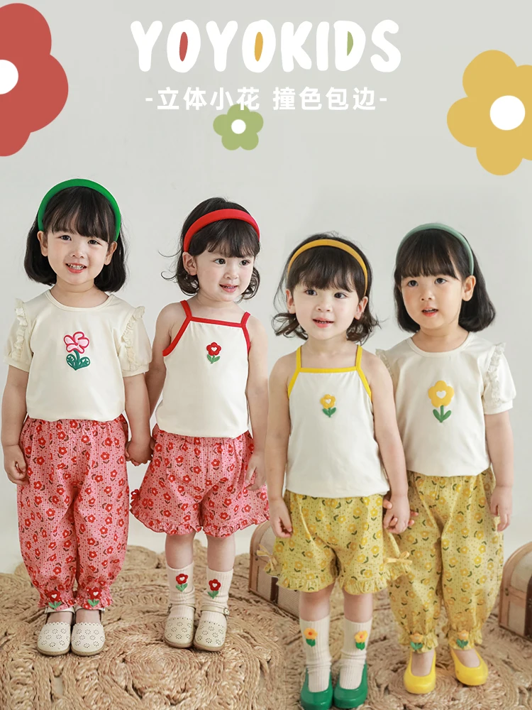 

Girls Cute Casual T-Shirt 2022 Summer New 3D Printing Baby Loose Sling Casual Pants Set
