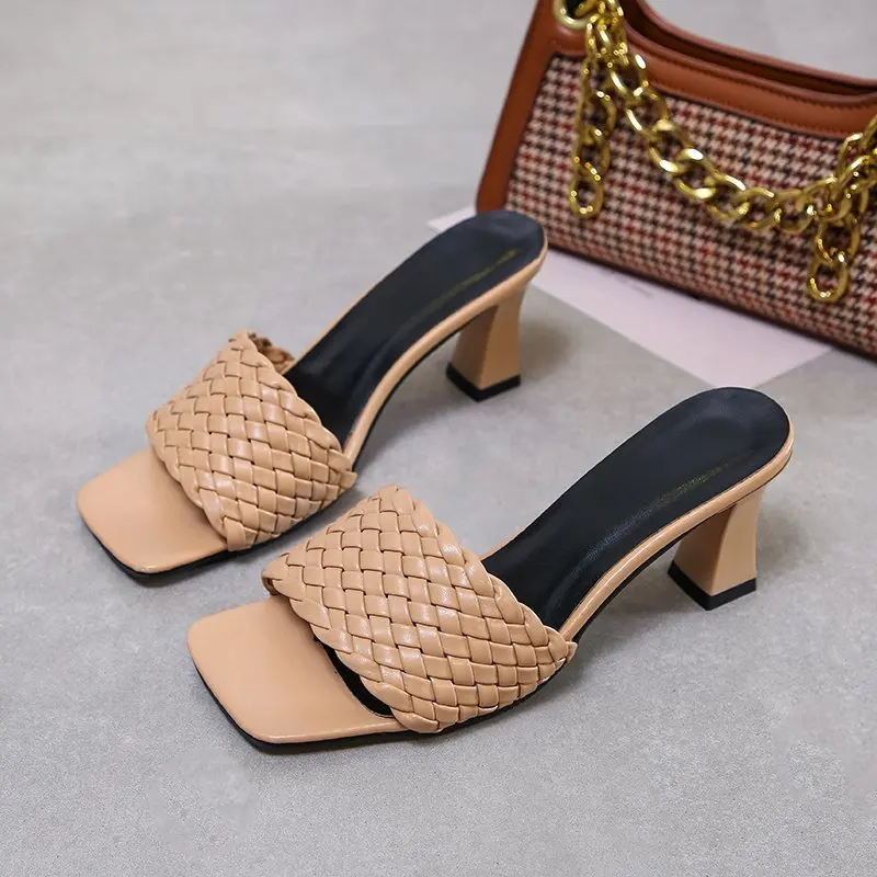 2023 Large Size Slippers Summer Fashion Square Head Woven Medium Heel Fish Mouth Solid Color Shallow Mouth High Heels