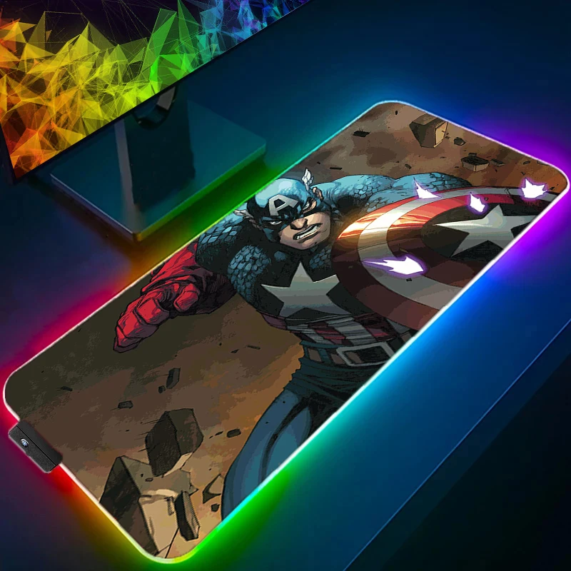 

Captain American Keyboard LED Mouse Pad Rgb Mousepad Anime Mouse Mats Gaming Accessories Laptop Computer Desk Accessories Rug